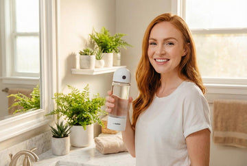Woman smiling in bathroom with Ion Bottles hydrogen water bottle for oral health