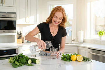 Healthy kitchen scene with Ion Bottles hydrogen water for liver and kidney protection