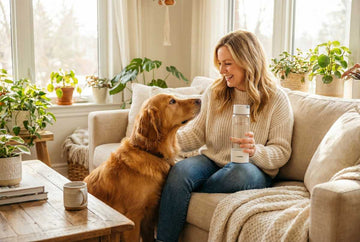 Pet owner with dog and Ion Bottles hydrogen water bottle for pet wellness
