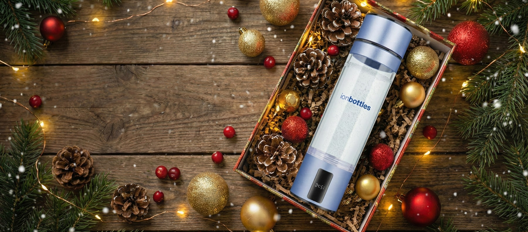ionbottles hydrogen water bottle in a decorative box with Christmas decorations on a wooden surface
